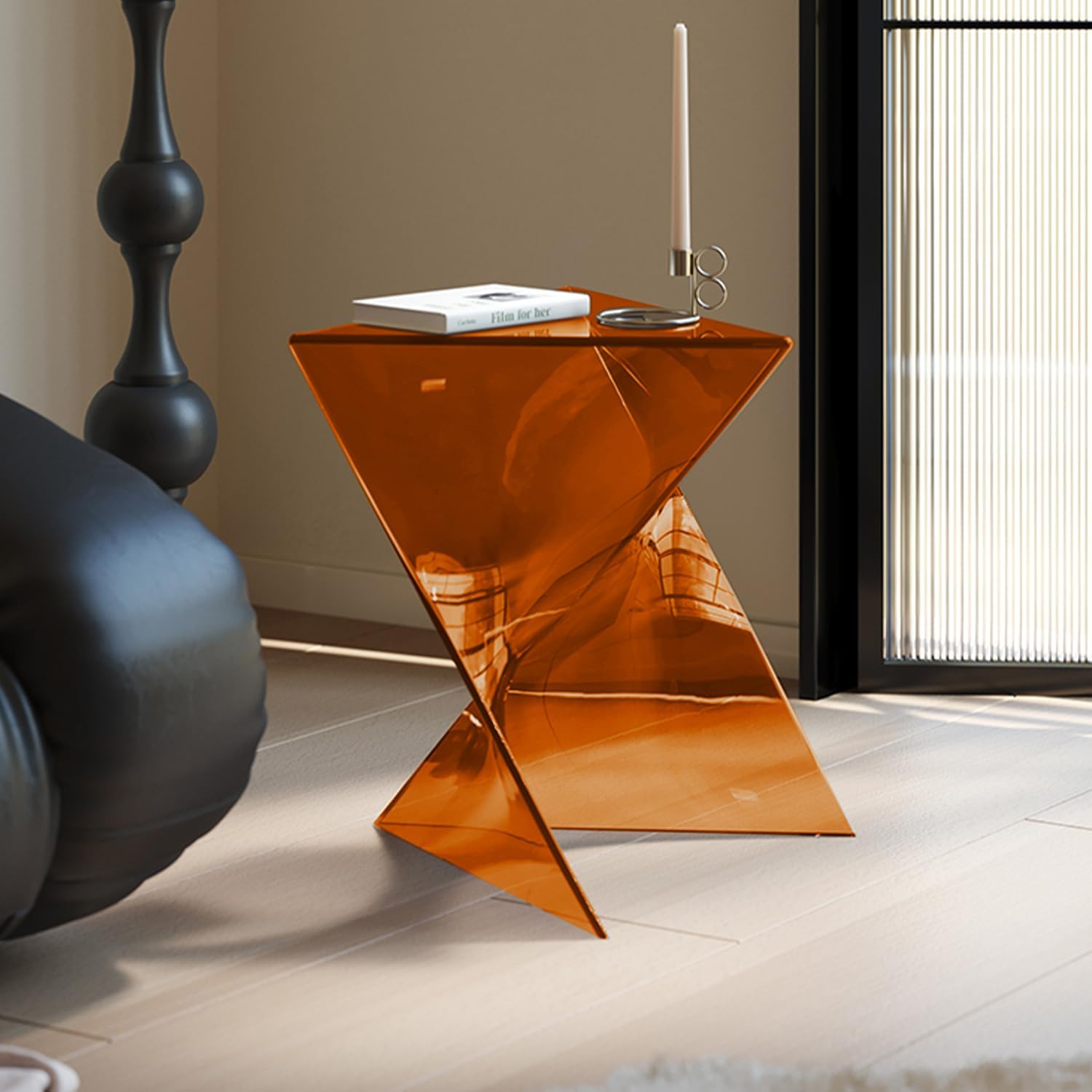 Nightstand Coffee Table Bar Table, Lightning-Shape Design Plastic End Table Bedside Table Mini Sofa Side Table Geometric Barstool Bar Table Creative Modern Coffee Table, Clear Amber-Brown Color