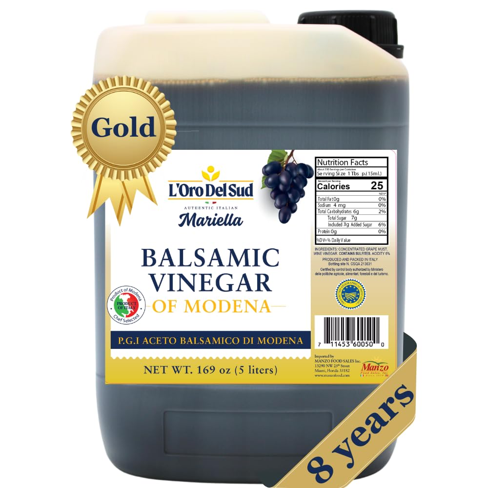 L'Oro Del Sud - Ultra Premium,"Gold Label" 8 year Aged Balsamic Vinegar of Modena, IGP Certified, Mariella, Make your own Glaze, Product of Italy, Bulk Packaging Refill, New Pack, 5 Liters (169 oz)