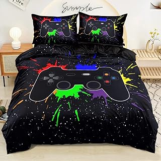 Elnonthy Gaming Duvet Cover Set Full Size, Gamer Bedding Sets for Boys,Boys Video Games Comforter Cover,Bed Set for Teen Boys Bedroom,Gamepad Controller,3 Piece with 2 Pillow Shams