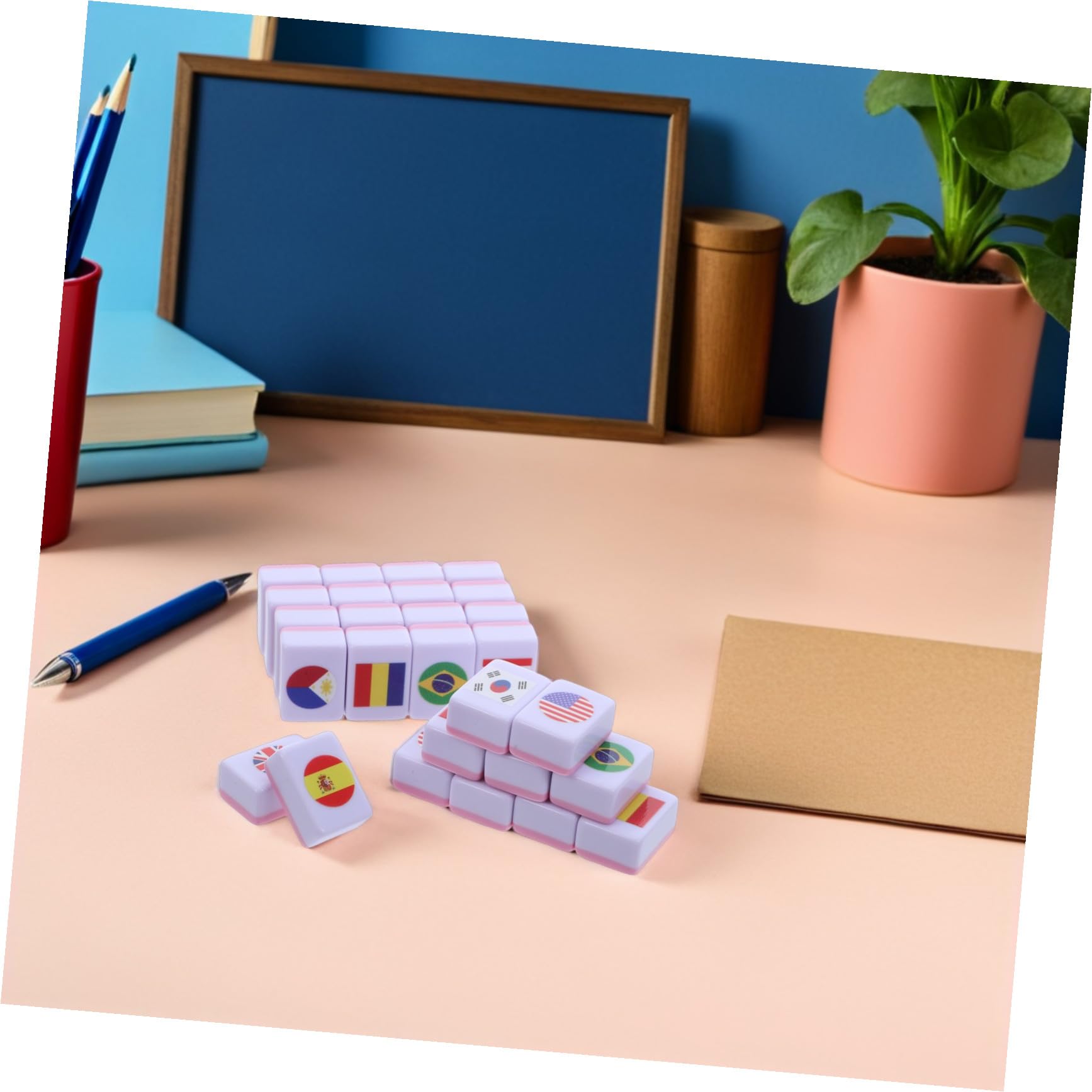 Kisangel Set Mahjong 64 Pezzi Motivo Bandiera in Melamina, Gioco da Tavolo Educativo e Compatto per Famiglie e Coppie, per Riunioni e Divertimento