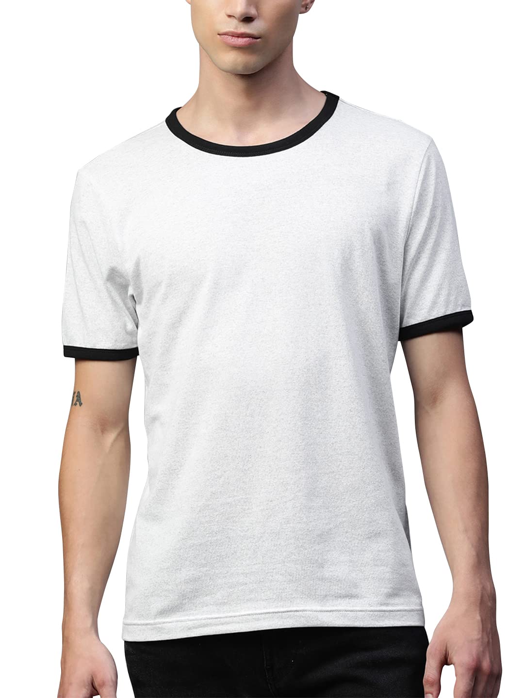 HUETRAPMens White Melange Short Sleeve Round Neck Solid Ringer Tee