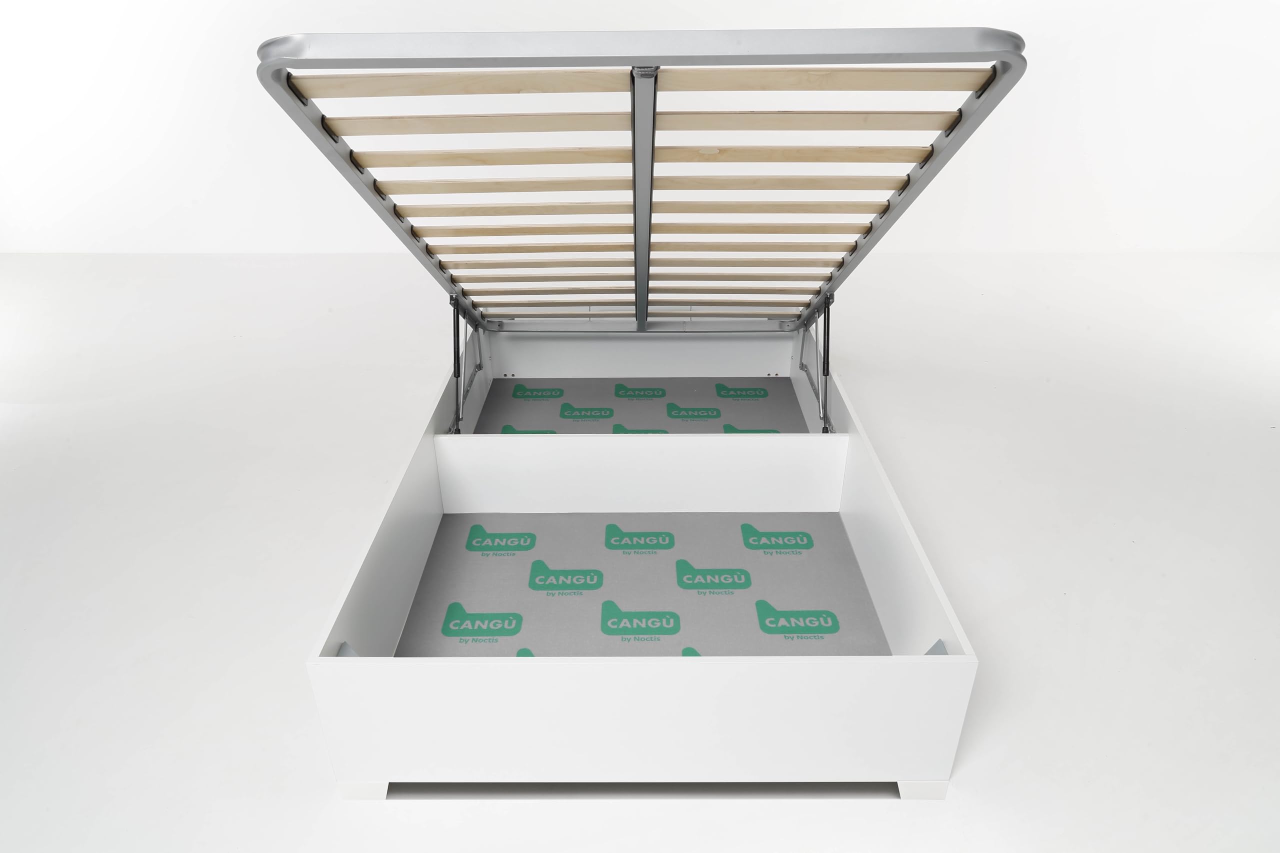 Letto Contenitore Bed Box da una piazza e mezza 120x190 cm, Bianco, con piedini, con Rete a Doghe e Sistema di Sollevamento