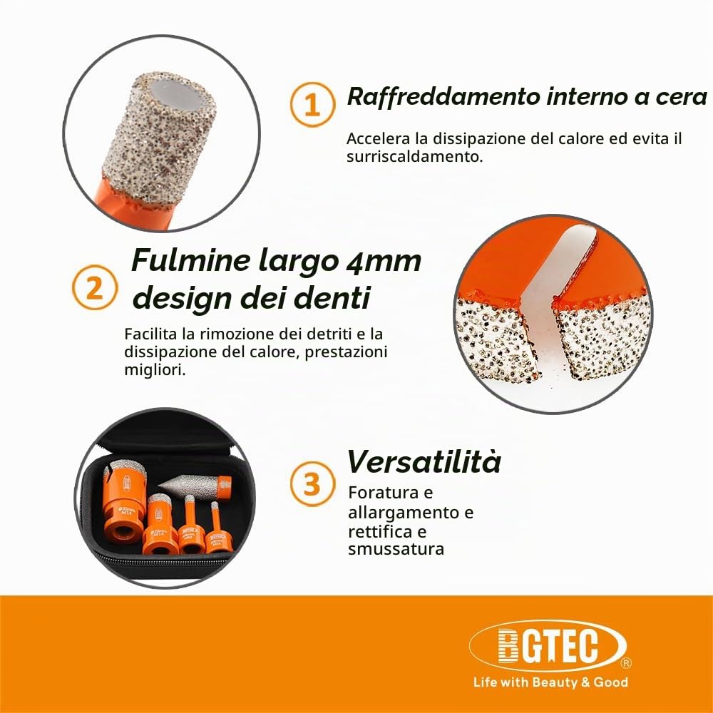 BGTEC Set di Punte Diamantate per Piastrelle – 5 pezzi (6/6/20/35mm + Broca de Chaflán 50mm) per foratura di Porcellana, Ceramica, Piastrelle, Granito, Marmo e Pietra
