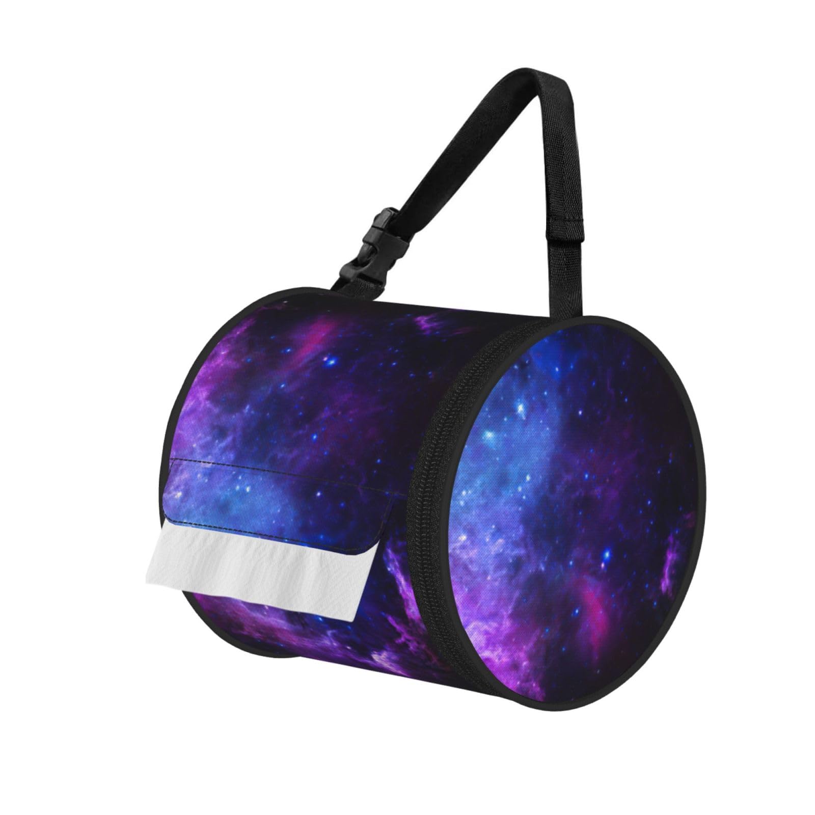 Blue Galaxy Print Round Paper Tissue Holder With Shoulder Strap, Portable Roll Case For Caravan Travel Use