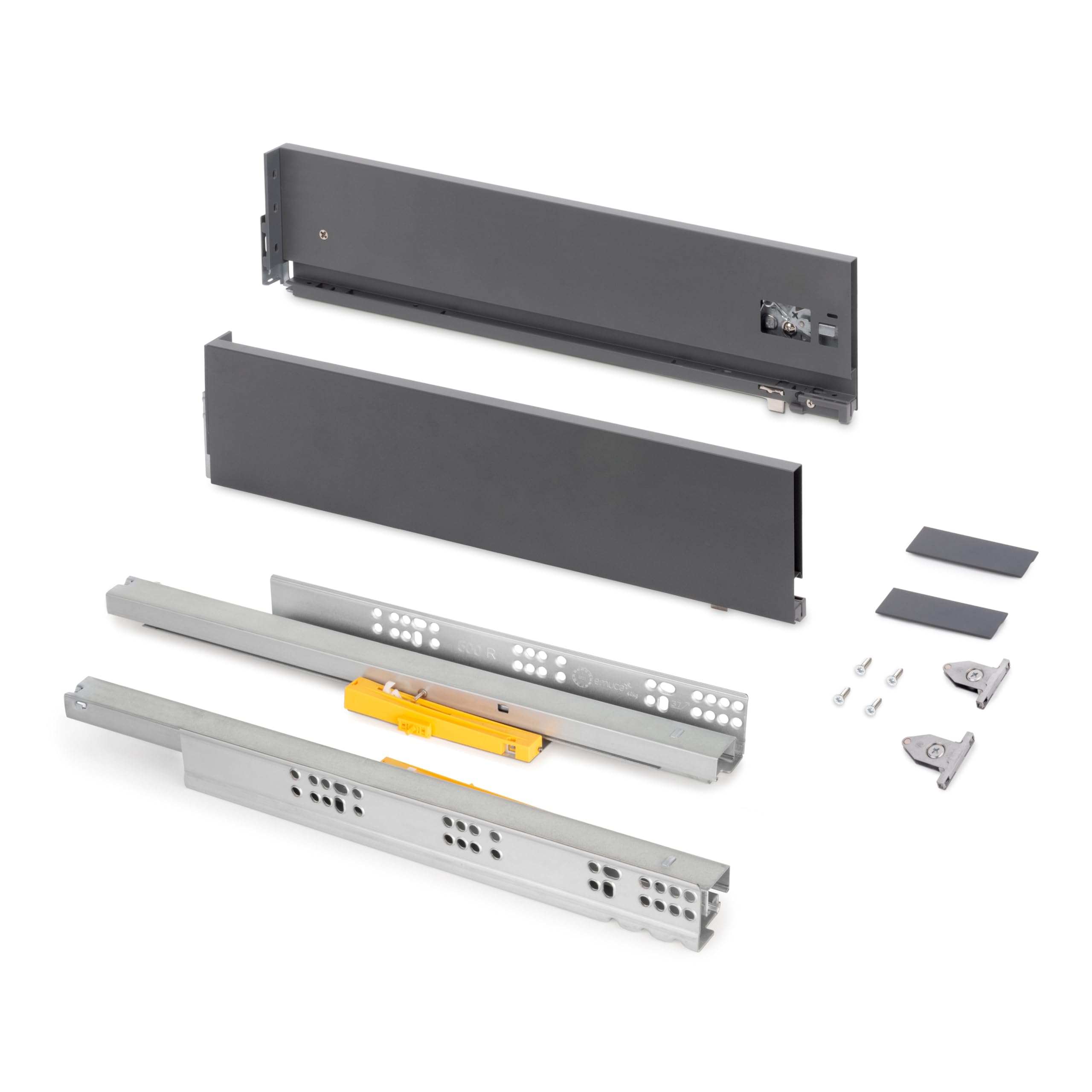 Emuca - Cajones extraibles para cocina Vertex Push Sincro con regulación 3D, H 131mm, 40kg, profundidad 350mm, Acero, Pintado gris antracita