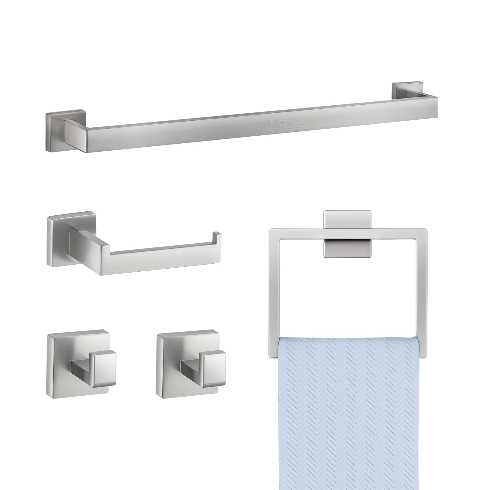VEVOR Juego de Accesorios de Baño, Acero Inoxidable 304, con Toallero y Toallero Anillo Cuadrado, 2 Ganchos y Portarrollos de Papel Higiénico, para Baño, en Pared, 598 x 50 x 80 mm, Plata, 5 uds