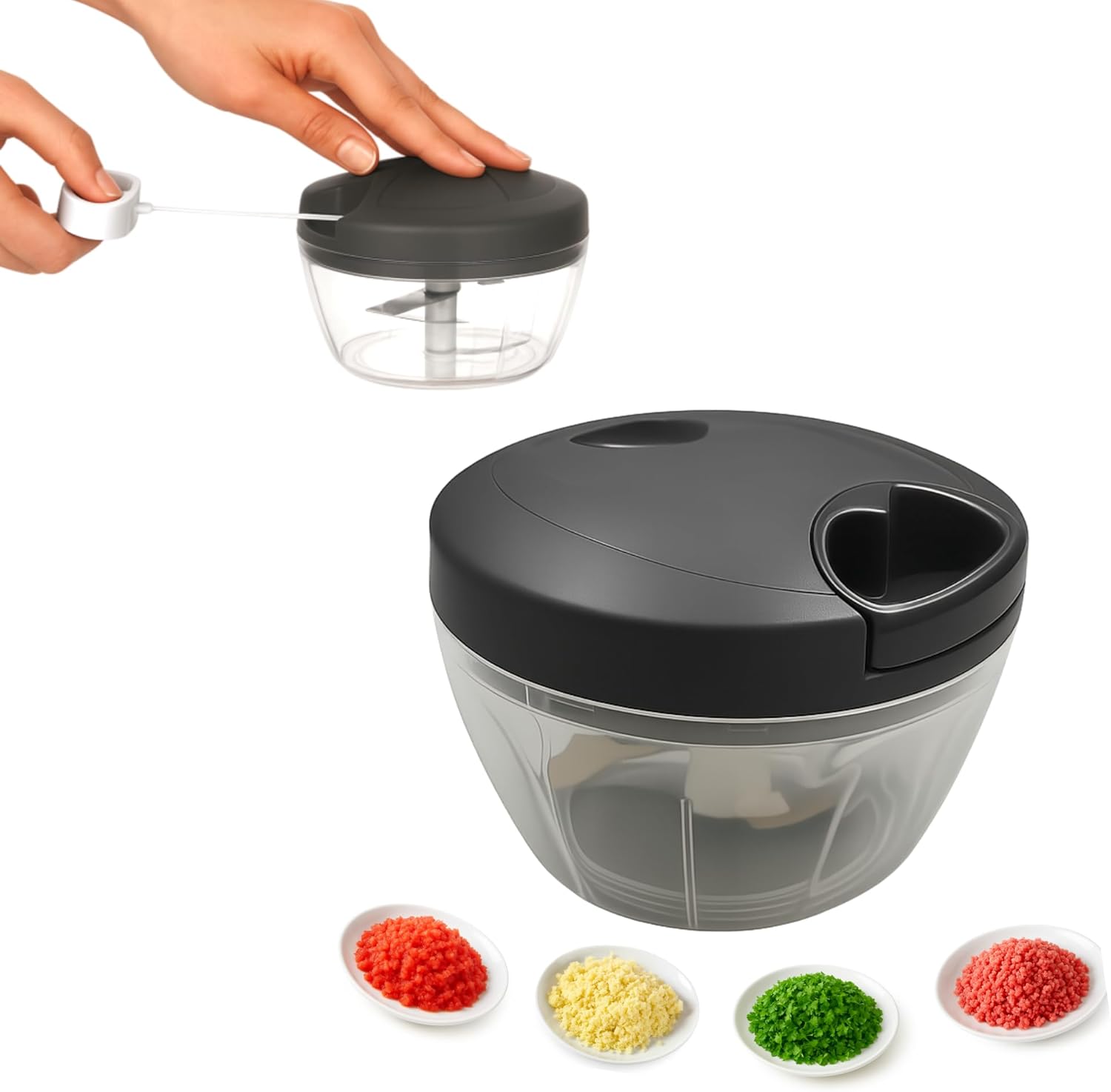 Easy Spin Cutter Kitchen Hand Chopper, Maunal Grinder for Meat Vegetable Dry Friuts Chopper, Plastic and Stainless Hand Pull Processor Blender (Grey)