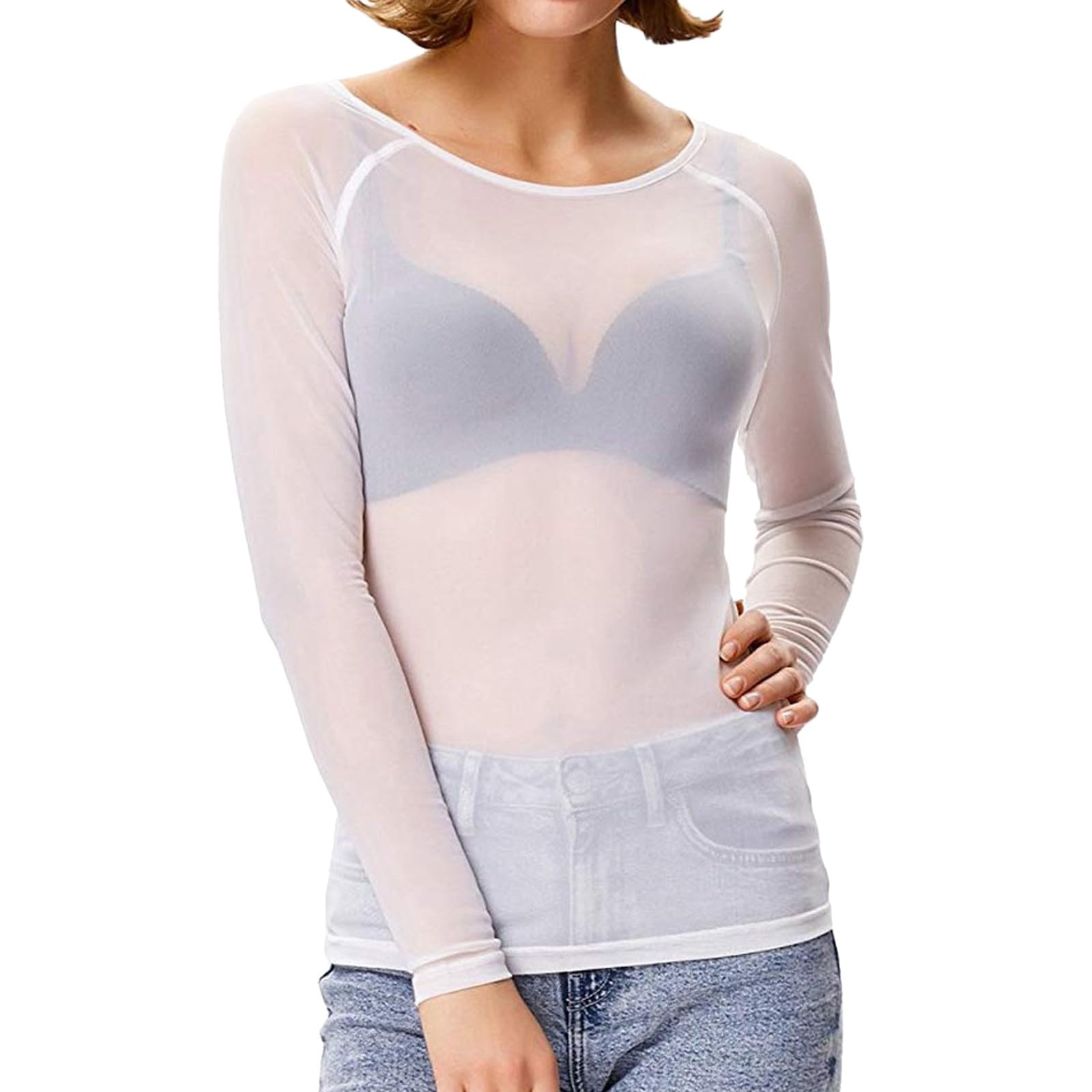 Langarmshirt Damen Tops Hemd Bluse Damen Durchsichtige Langarm Nahtlose Arm Top Mesh Shirt Bluse