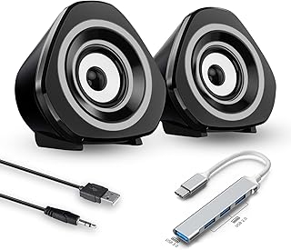 Computer Speakers Pair,2.0 USB/Type-C Powered, Mini Subwoofer Desktop Speaker with Loud Stereo Sound, Volume Control,3.5mm AUX-in Cable for Laptop, Desktop, MacBook, Monitor, PC, Tablet(Black