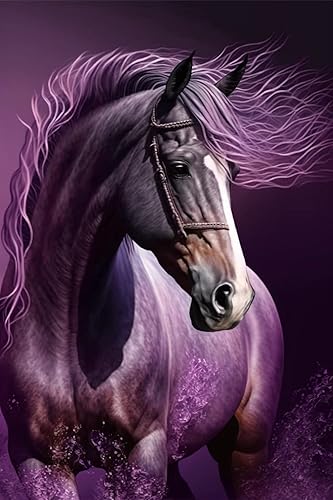 Kit de pintura de diamantes de caballo morado  Pintura de diamantes de bricolaje completa redonda con piedras preciosas de cristal, arte de cruz,