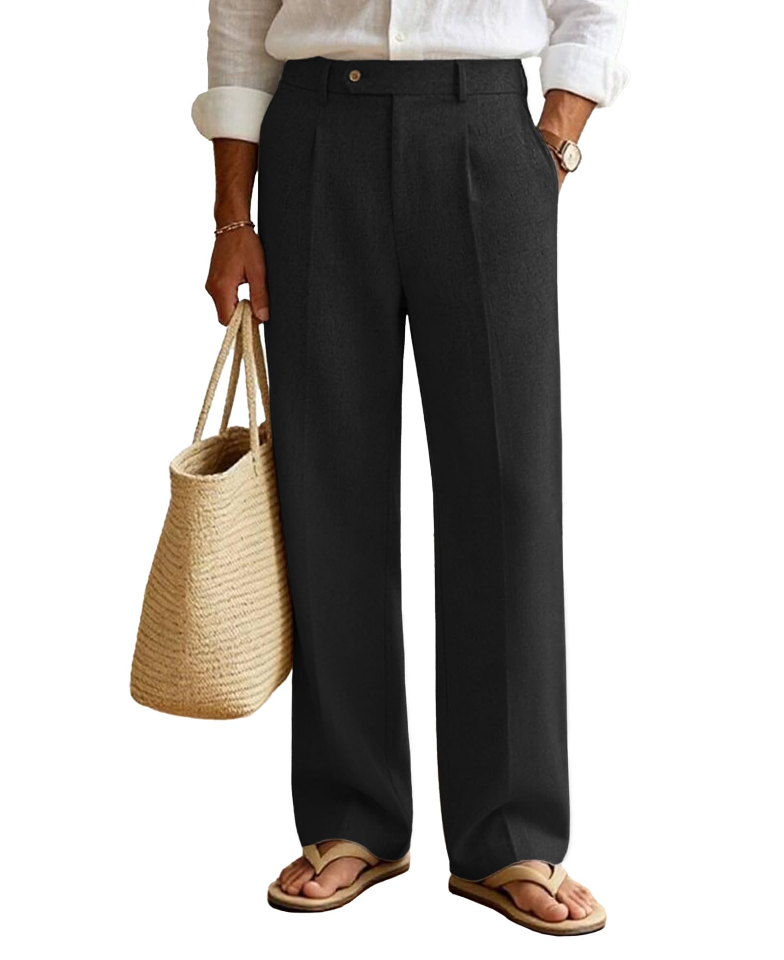 Susclude Mens Linen Casual Dress Pants Pleated Wide Leg