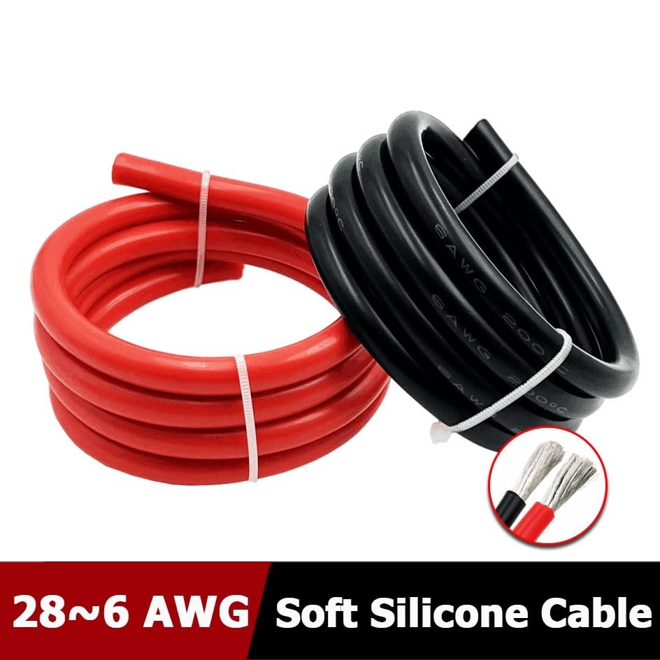 Cable de Silicona Rojo ， Abrazadera for Cable de Encendido batería Coche, Color Rojo, Litio, Ultra Suave y Resistente al Calor, Silicona(6 AWG,1m)