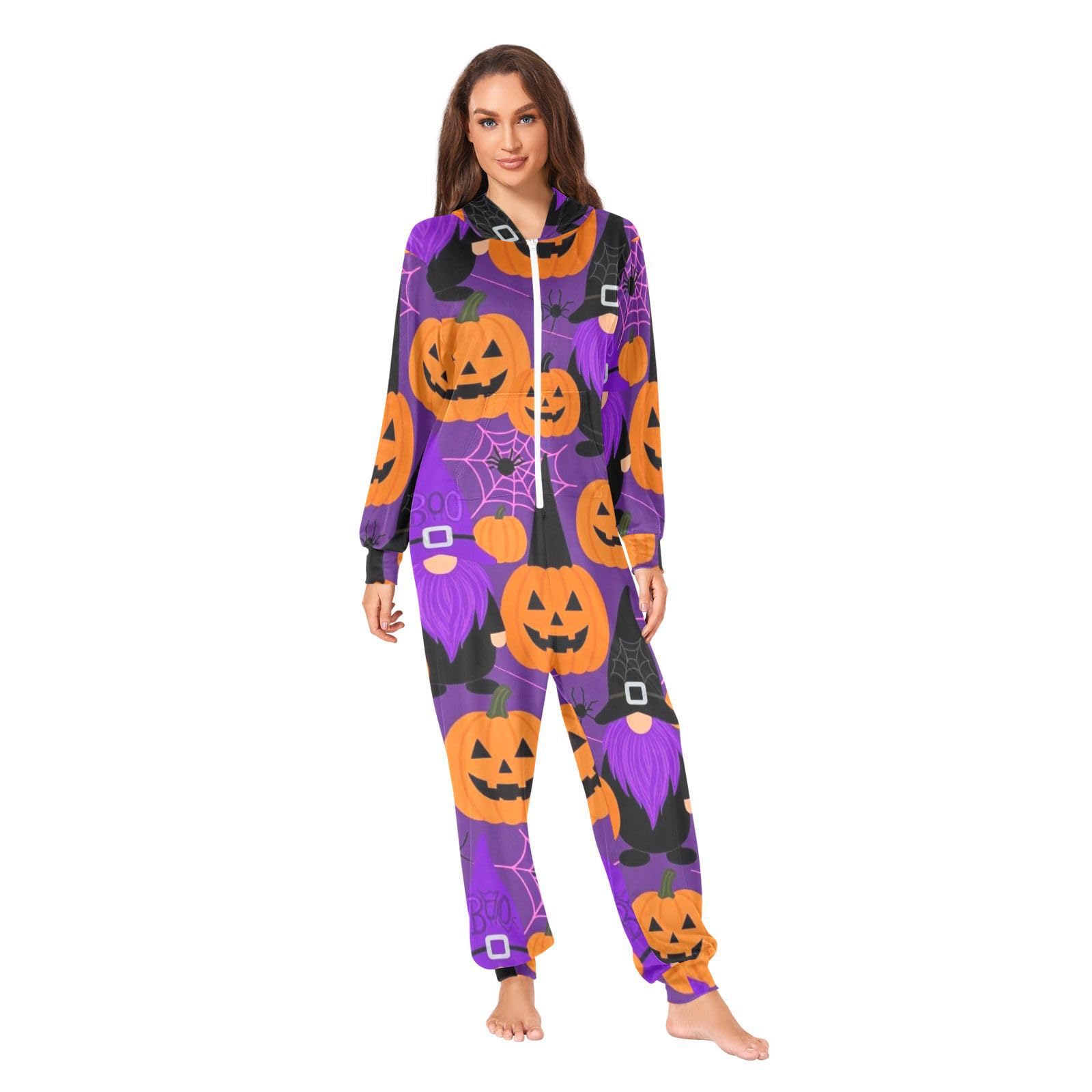 Pigiama intero per adulti, motivo con gnomo viola, streghe, pipistrello, ragnatela, zucca, Halloween