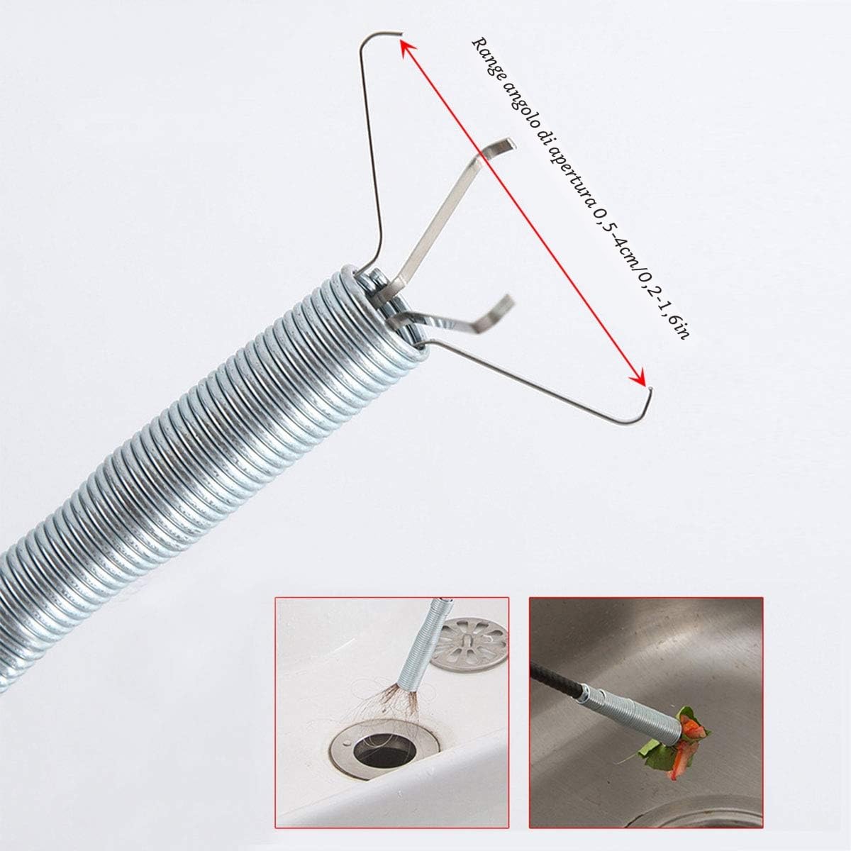 Pinza con griffe flessibile Strumento per la pulizia dei tubi Strumento di presa (sistema a pressione con molla) 4 griffe Strumento multifunzione per lo scarico della cucina, del bagno - 90 cm 1 pezzo