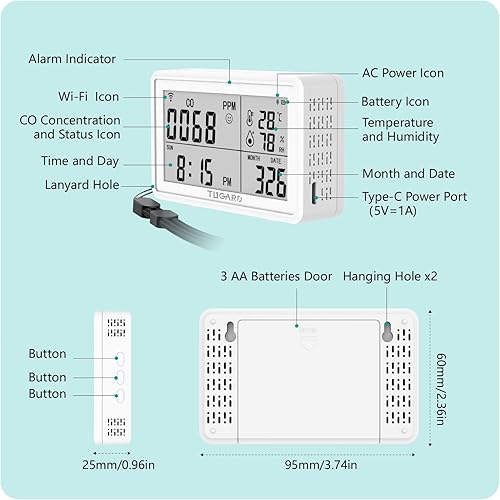 Miniatura 3 de Tuya WiFi portátil de monóxido de carbono, temperatura y humedad, termómetro digital inalámbrico para interiores, monitor de temperatura y humedad,