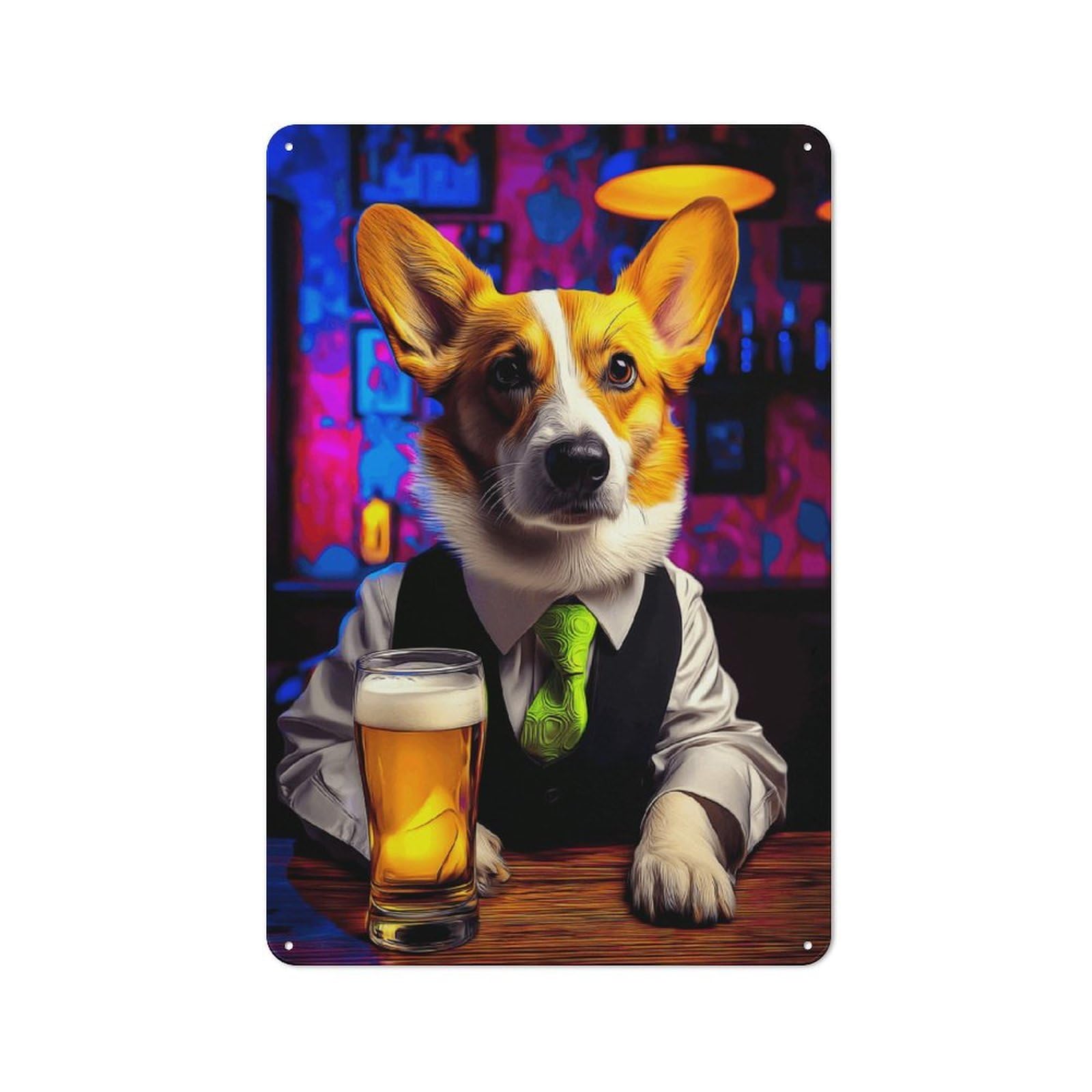 Junmoney Corgi In Suit Enjoying A Beer Tin Wall Plaque 30X20cm With For Home Bar Wall, A Decorative Christmas Gift For Hosts Who Enjoy Retro Interiors