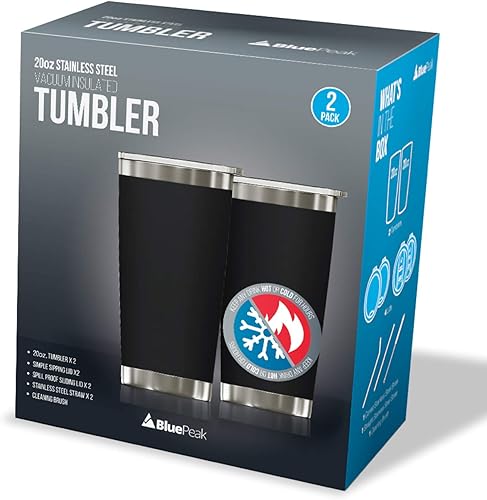 Miniatura 2 de BluePeak Juego de vasos aislados de acero inoxidable al vacío de doble pared, paquete de 2, incluye 2 tapas para sorber, 2 tapas deslizantes a