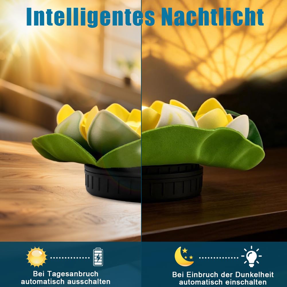 Aohcae 4 Stück Schwimmende Lotuslichter, Wasserdichte Solar Lotusblüte, Seerosen Künstlich Solar für Garten Hof, Schwimmbad, Brunnen und Aquarien