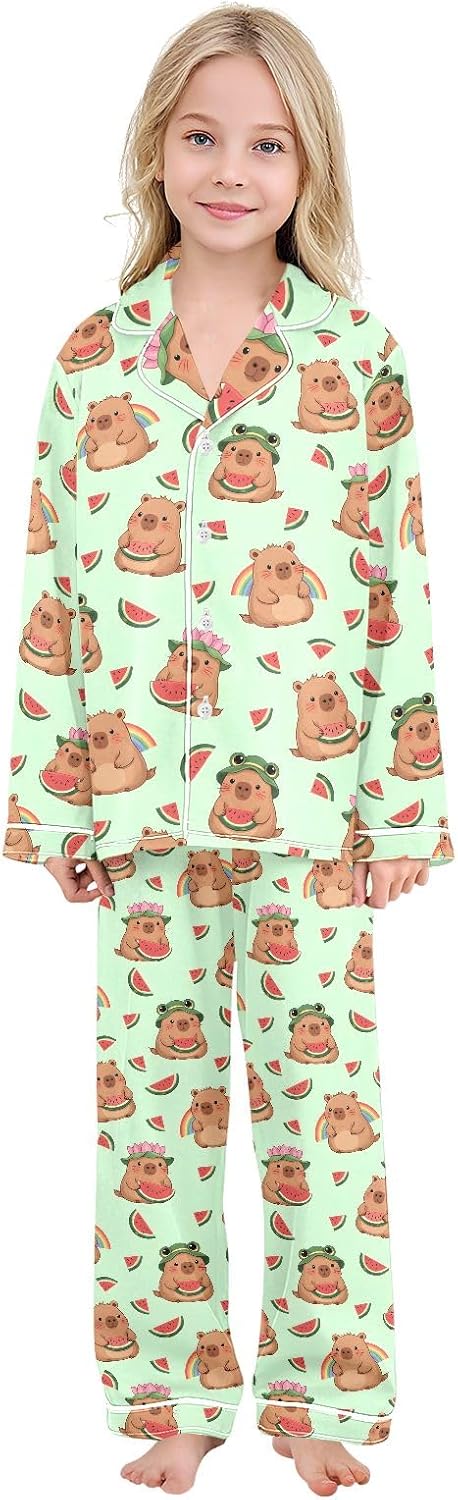 Kids Casual Satin Wear Set Capybara Pizza Pattern Unisex Relaxed Fit Clothing