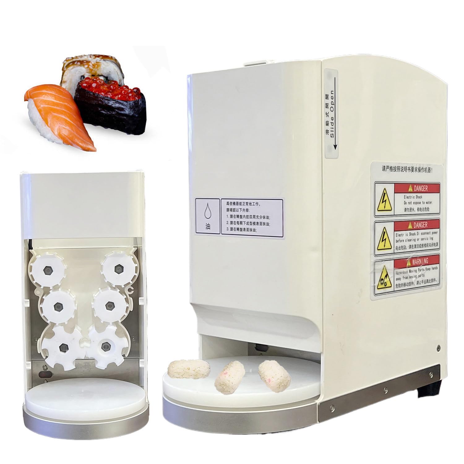 Máquina de la prensa de arroz del sushi comercial con el sensor automático, 1200pcs/Hour de la salida, densidad ajustable, 5 moldes, base giratoria para Nigiri y la preparación de la angara en la coci