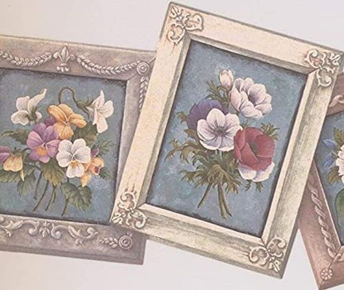 CONCORD WALLCOVERINGS ™ Framed Floral Gallery Wallpaper Border, 8.5" x 15' Vintage Cottage Style for Living & Dining Rooms, with Prepasted Washable Vinyl, Blue & Cream Palette #EDG5114