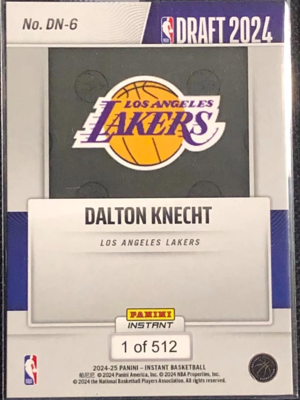 2024-25 Panini Instant Draft Night Dalton Knecht #DN6 -RC Rookie Lakers Selected with 17th Overall Pick - Basketball Trading Card- Los Angeles. Each Card Stamped 1 of 512 on Back. Card Shipped in New Protective Screwdown Holder.