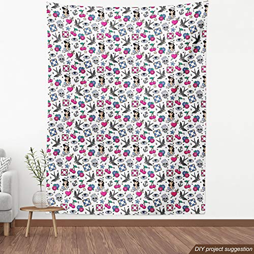 Image of Ambesonne Colorful Fabric by The Yard, Cartoon Illustrated Skulls Hearts Flowers Sparrows Cherries Eyes Anchors, Decorative Fabric for Upholstery and Home Accents, 3 Yards, Grey Magenta