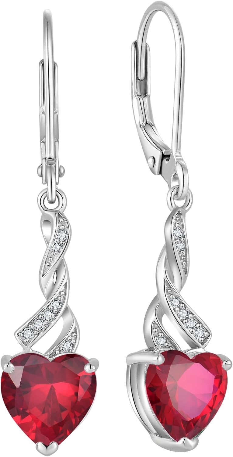Women Heart Earrings 925 Sterling Silver Birthstone Swirl Twist Dangle Drop Earrings Cubic Zirconia for Her Birthday