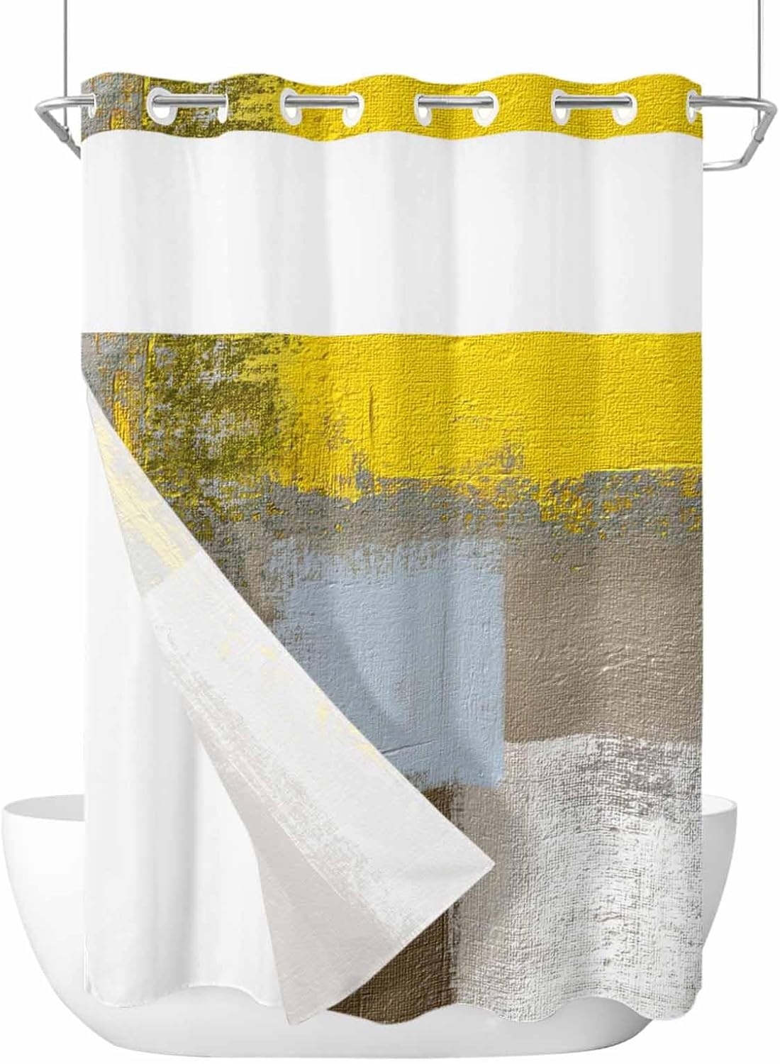 No Hook Yellow Brown Shower Curtain with Snap in Liner Set, Abstract Blue White Vintage Oil Painting Waterproof Fabric Bathroom Curtains with See Through Top Window, Long 72 x 84 Inch