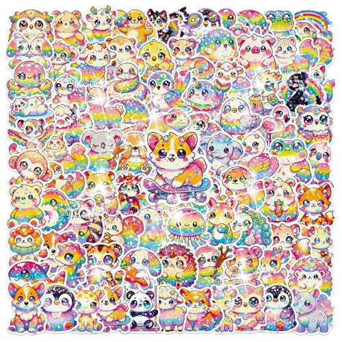 100 Pcs Glitter Cute Rainbow Animal Stickers Vinyl Stickers Kawaii Holographic Stickers Cartoon Waterproof Starry Sky Animal Stickers for Children Teens and Adults (Star Glitter)