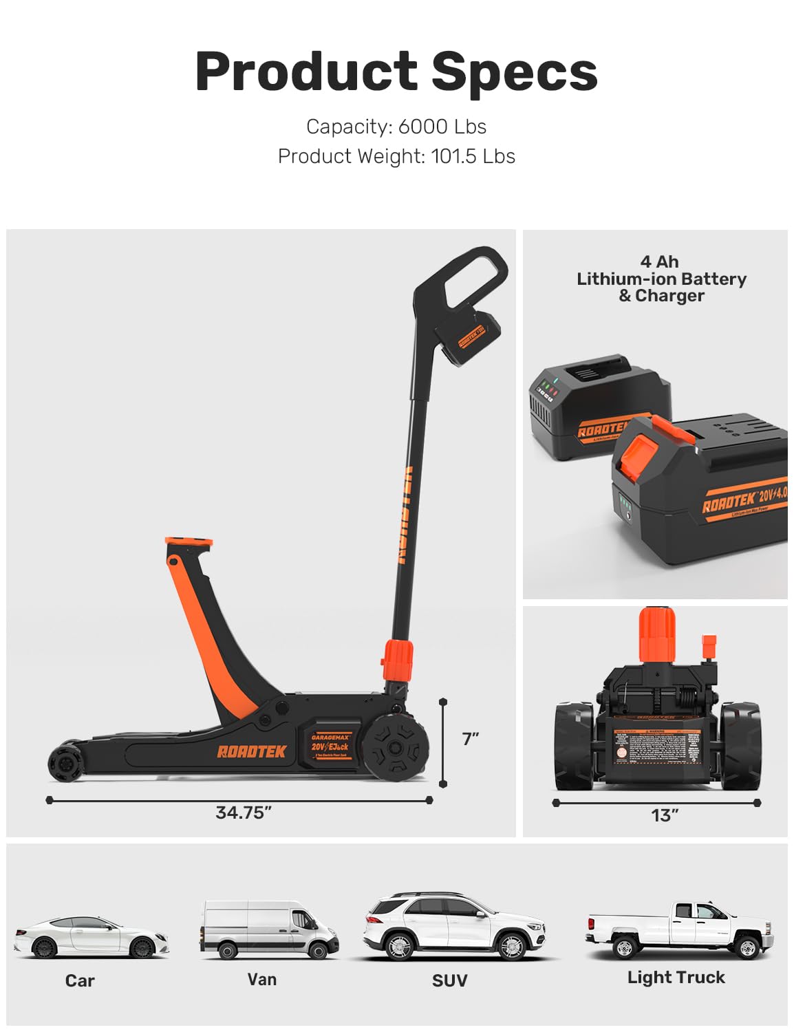 Amazon.com: ROADTEK 3 Ton Electric Floor Jack, Low Profile Jack