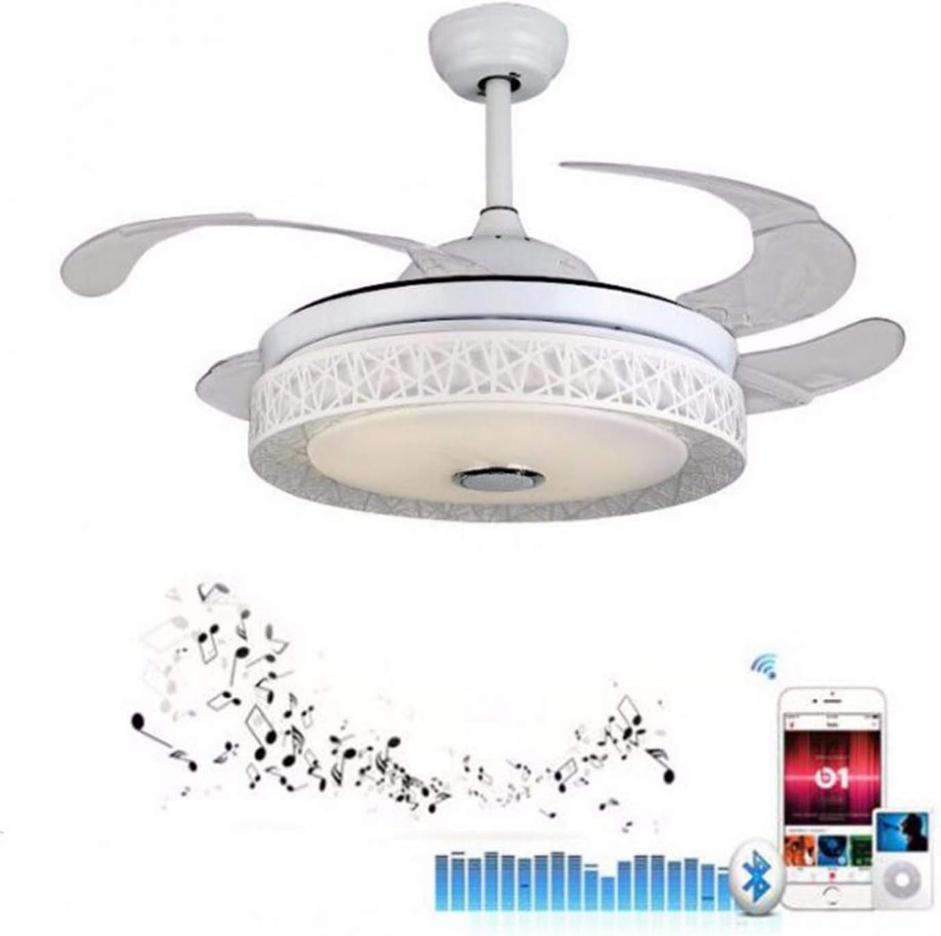 Retractable Ceiling Fans Light with Bluetooth, Modern 42" Invisible Ceiling Fan with Remote, Enclosed Ceiling Fan Chandelier Lighting 7 Color Dimmable LED Lights and Play Music for Dining Room