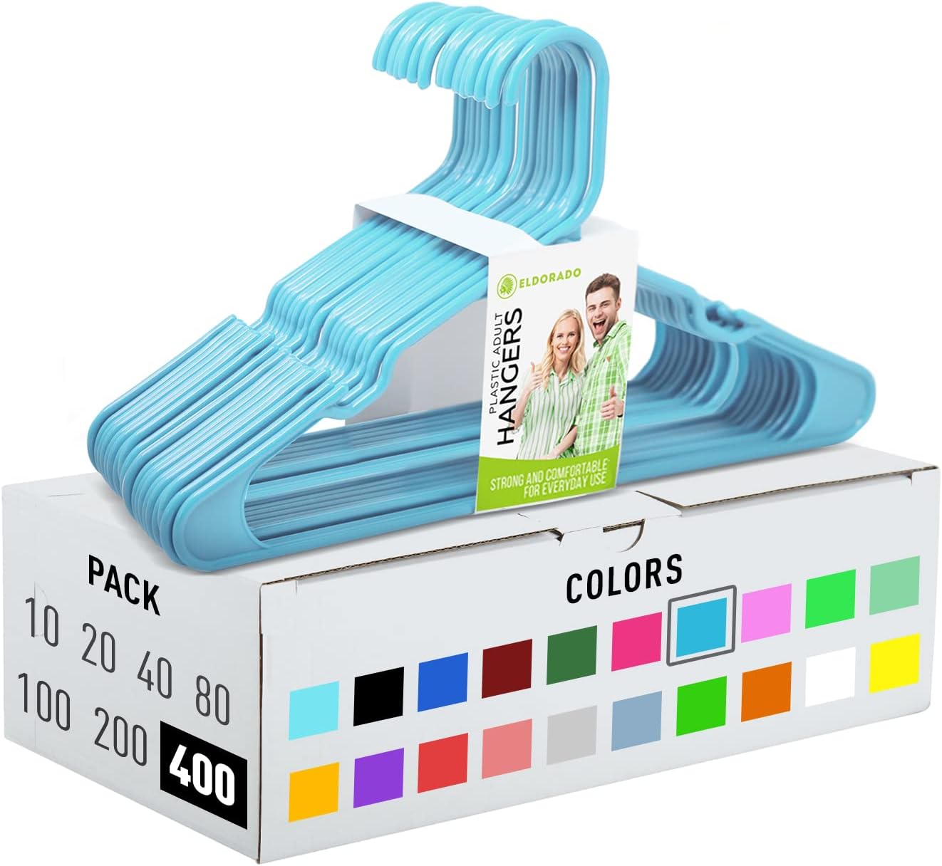 Eldorado Hangers for Adult Size Clothing, Plastic, Ideal for Everyday Standard Use Clothes, Shirts, Blouses, T-Shirts, Dresses, Jackets, Suits. Color - Light Blue, Pack - 400 PCS.