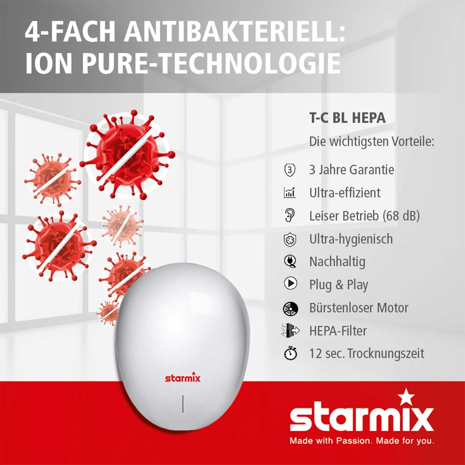 Starmix Warmluft-Händetrockner T-C BL HEPA (Händetrockner - Hygienisch, nachhaltig, effizient mit HEPA Filter und UV-C Lampe) Nr. 105000