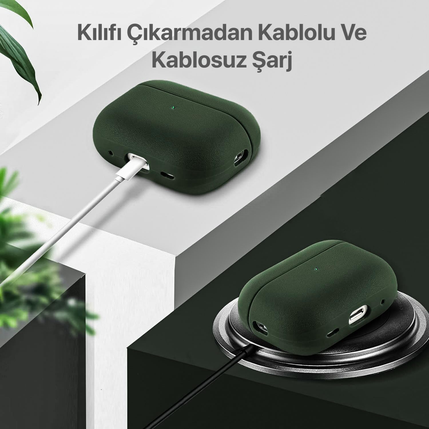 Minesk Airpods Pro 2. Nesil ile Uyumlu Leather Skin Serisi Parmak İzi Tutmayan Dış Yüzeye Sahip ve Mükemmel Koruma Sağlayan Orta Sertlikte Silikon Kılıf (Haki)