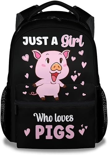 Mercuryelf Mochila de cerdo para niñas, 16 pulgadas, color negro, con texto en inglés "Just a Girl Who Loves Pigs Mochilas para la escuela, bonita