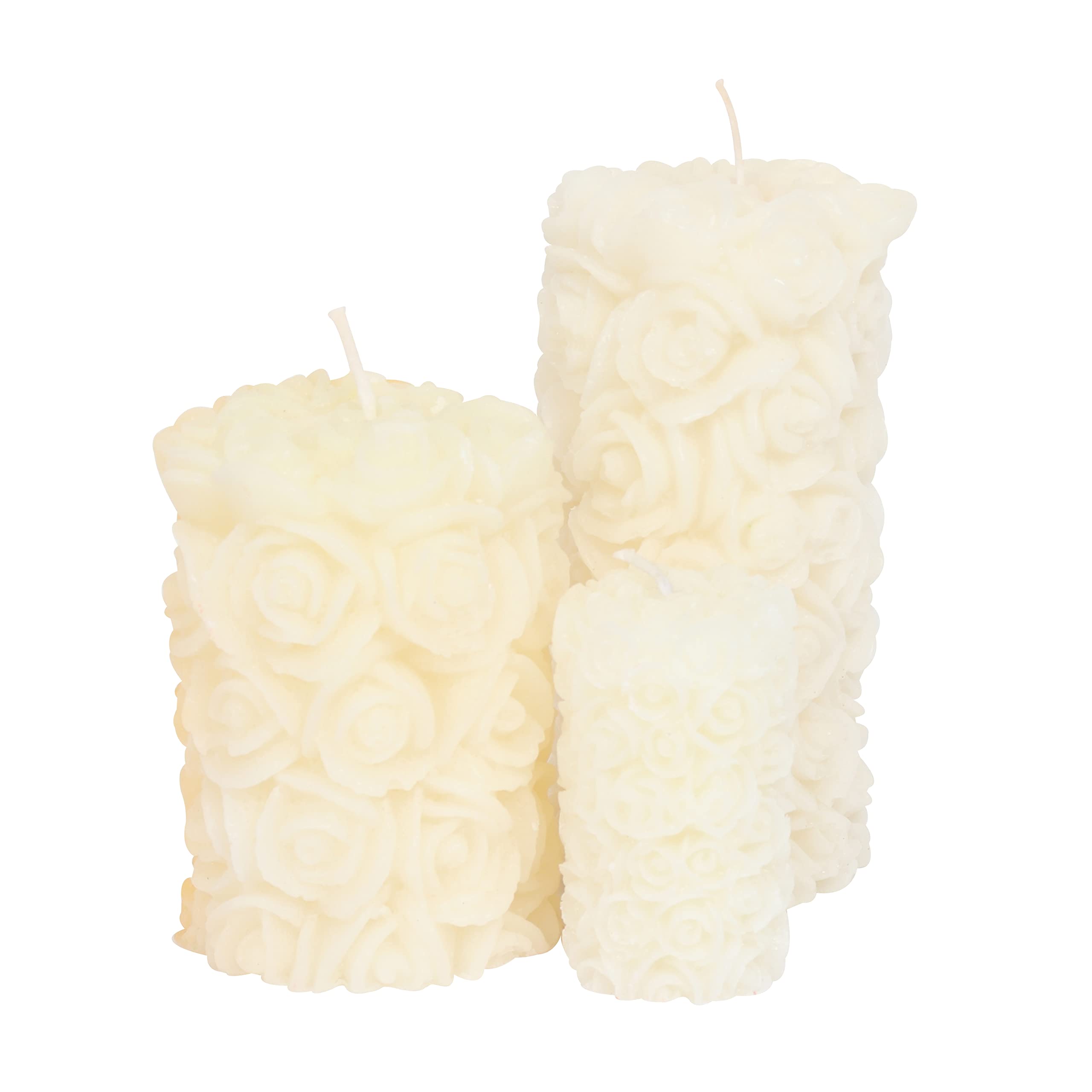 Laeto Rose Detail Unscented Pillar Candle Set - Pack of 3 White Coloured Candles for Romantic, Wedding & Church Use