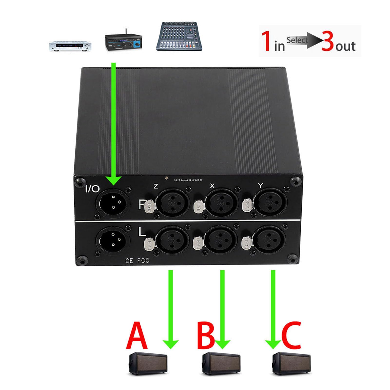 PURPLELILY 1 conmutador XLR de modo dual 3: 1/1: 3 puertos chapados en oro, caja de enrutamiento de estudio compacta de aluminio, selectores equilibrados