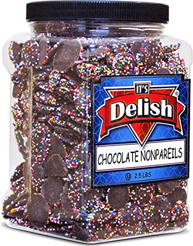 Rainbow Nonpareils Coated Dark Chocolate Discs by It's Delish, 2.5 Lbs Jumbo Container – Great Birthday & Christmas Gift, Chocolate Party Snacking Nonpareil Food Decor – Vegan, Certified Kosher Parve