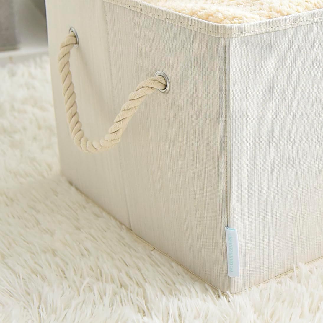 CROS Storage Baskets with Lid 2 Pack, Large Fabric Storage Bins with Rope Handles, Dustproof Collapsible Closet Organizer, Beige/Ivory, 16.3 x 10.24 x 12 in