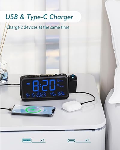 Miniatura 7 de Roxicosly - Despertador de proyección para techo de dormitorio, 118 dB súper fuerte para personas que duermen mucho, pantalla digital grande de 6.7