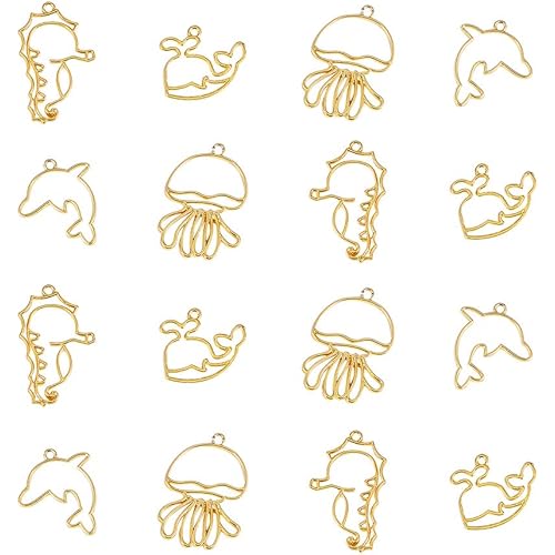 OLYCRAFT 20pcs Ocean Animal Open Bezel Charms 4-Style Alloy Frame Pendants Color-Lasting Hollow Resin Frames with Loop for Resin Jewelry Making - Gold