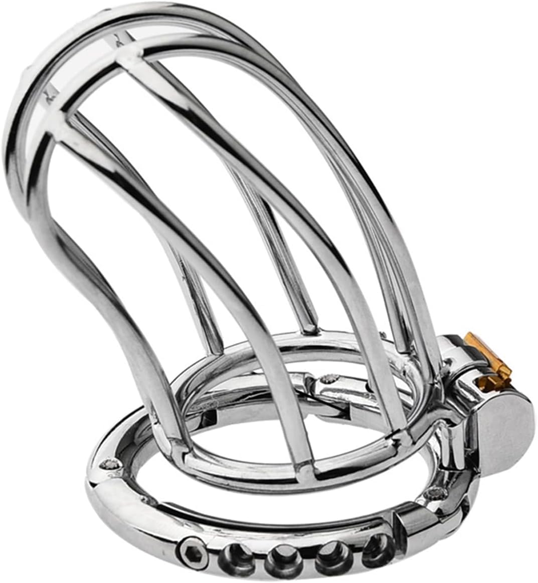 Jaula de castidad metálica con dispositivo de castidad ajustable con anillo de presión para ejercicios del pene masculino. Jaula para el pene(plateado).