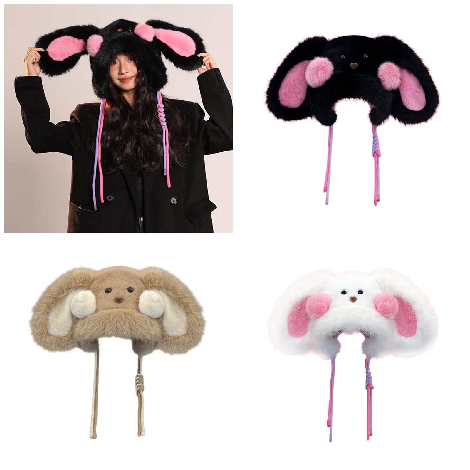 Rabbits Ear Caps for Adult Child Thicken Cartoon Plush Hat for Skiing Women Men Windproof Ushanka Hat for Cold Weather Khaki