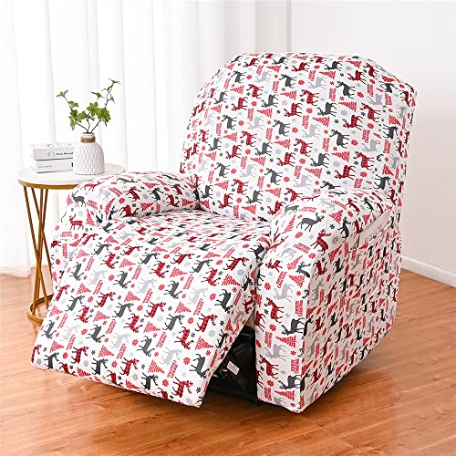 Highdi Funda de Sillón Relax 4 Piezas con Bolsillos Laterales, Colección Navidad Elástica Funda para Sillón Reclinable Eléctrico, Antideslizante Fácil de Instalar y Lavable (Reno de Tartán)