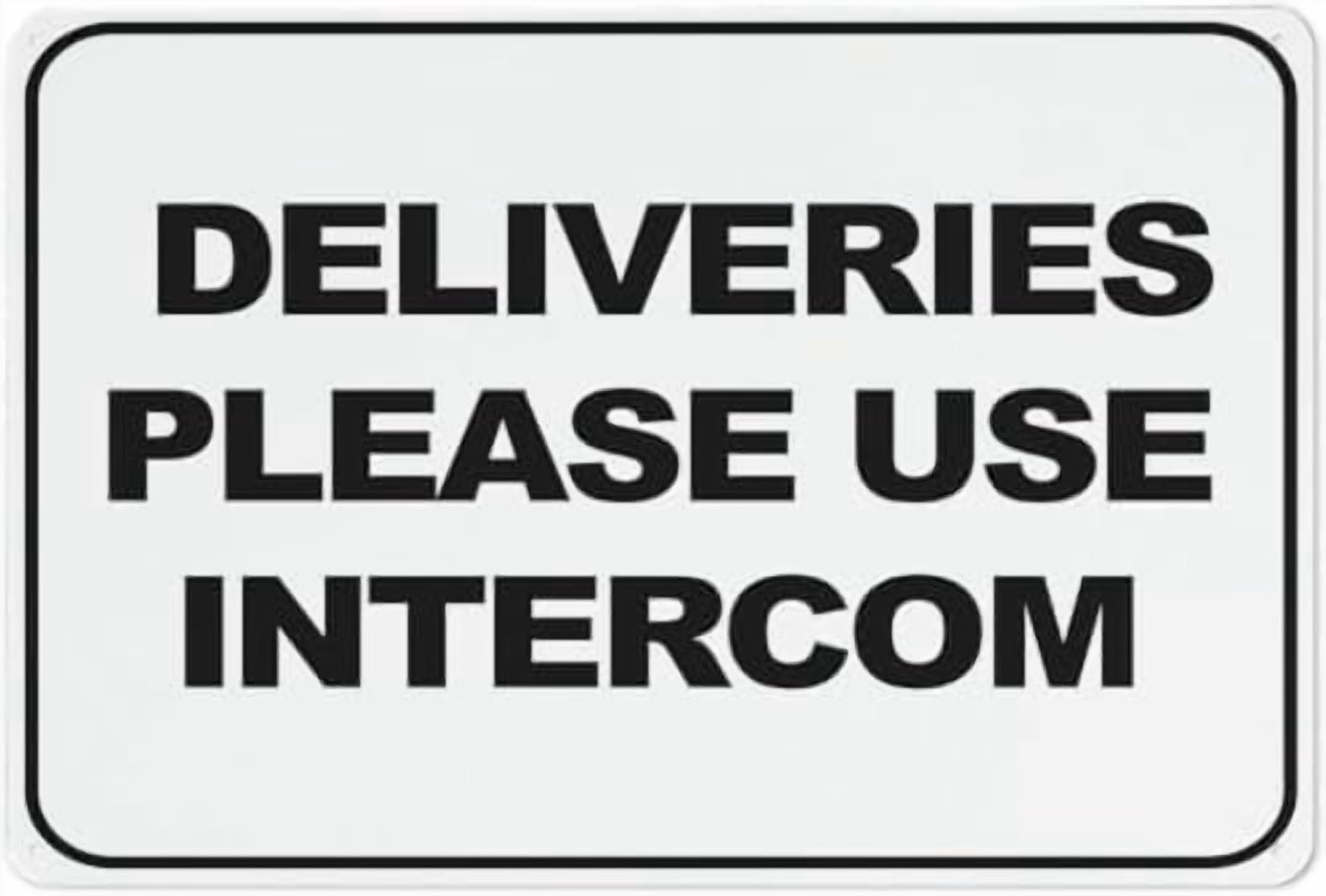 (2-Pack) Warning Metal Tin Sign: Deliveries Please Use Intercom, Reflective Sign for Homes, instructs use of intercom for Deliveries 12x8 Inch