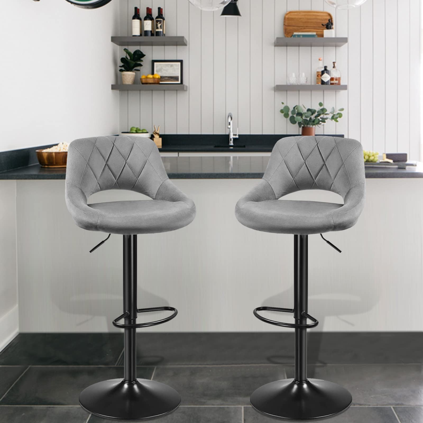 Taburete de bar, silla giratoria, taburete de cocina, taburete de Bistrot de terciopelo, sillas de altura ajustable con respaldo y reposapiés (2 unidades, gris claro)