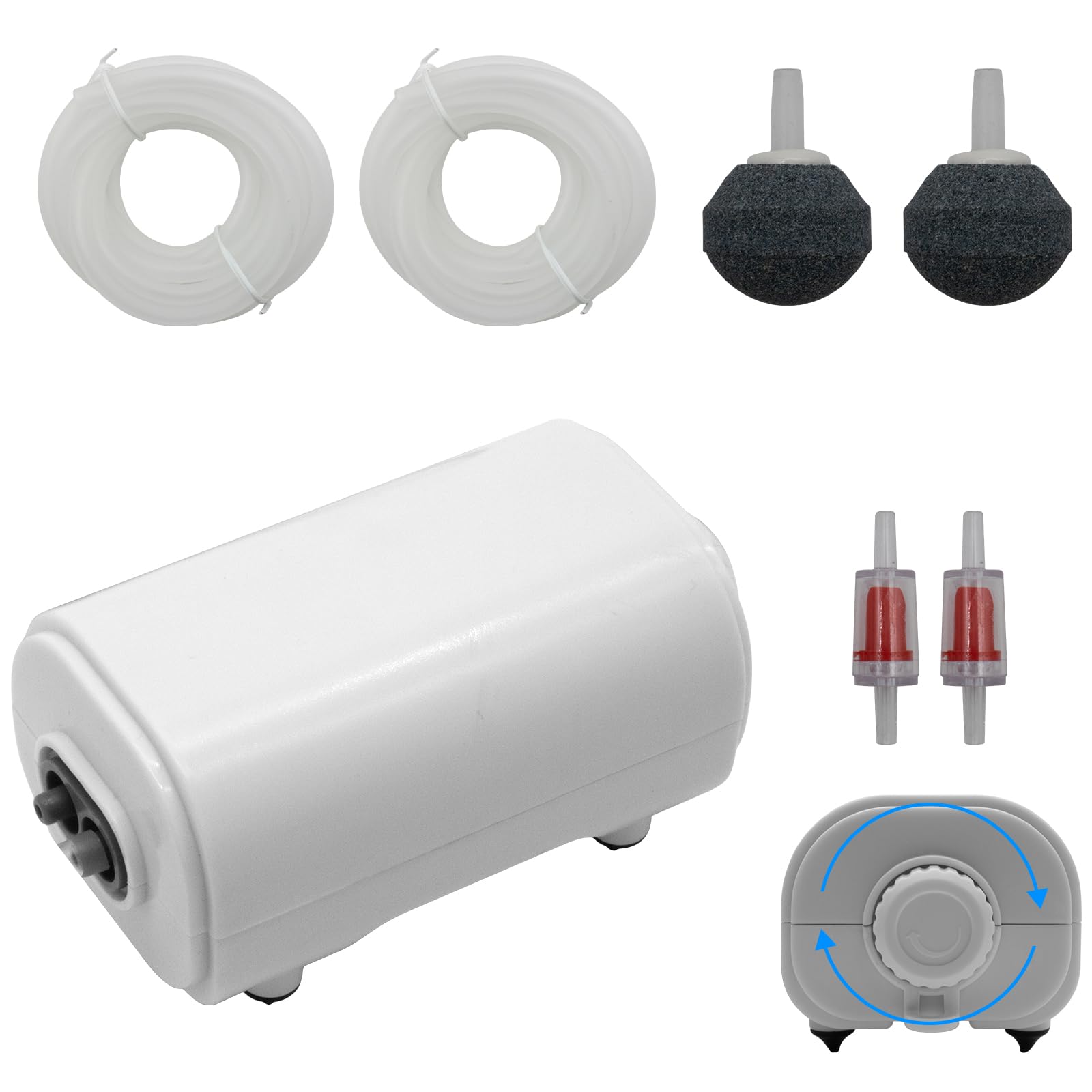 HUIXHAO Aquarium Air Pump for Fish Tank, 2 Outlets Adjustable Bubbler, Ultra Quiet & Powerful (3W/5W/10W), Includes Air Stones/Tubing/Check Valve,