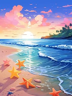 Diymood Paint by Numbers Kits for Adults Beach, DIY Oil Painting Sunset Acrylic Paint by Number for Adults Beginner with Brushes for Home Wall Decor 12x16 inch