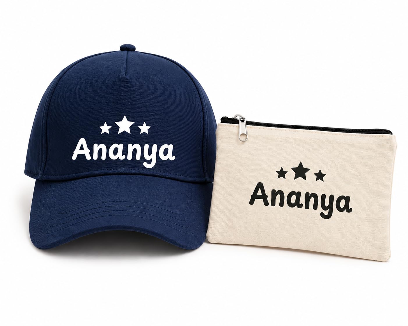 personalized kids cap & pouch combo for girls | custom name printed pink cap with cotton zipper pouch | birthday gift, return gift & kids accessories b1